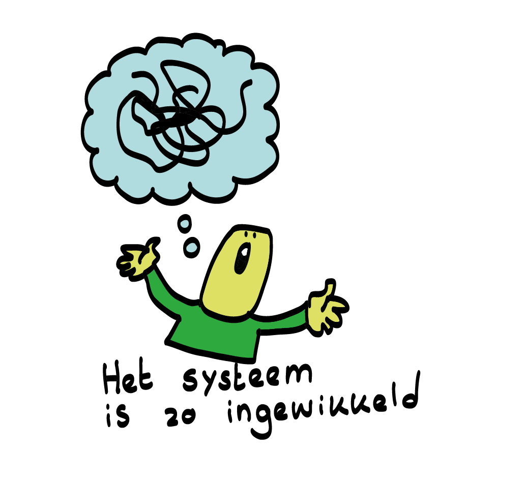 Persoon kijkt verschrikt omhoog met een gedachtenwolk vol chaos. Tekst eronder: "Het systeem is zo ingewikkeld"